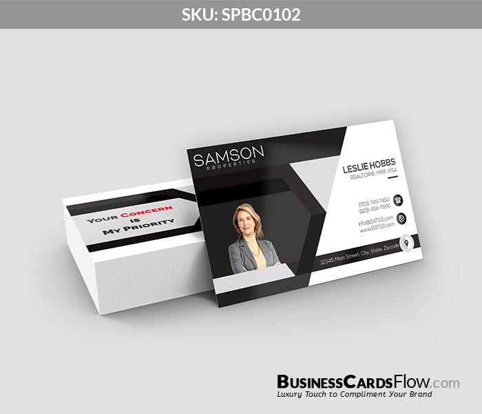 Black & White Business Cards with Profile Picture on left side of the Business Cards with modern icons on right side. You can also have custom slogan on the back.