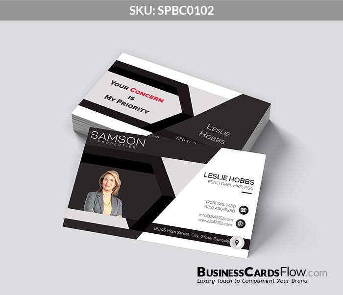 Black & White Business Cards with Profile Picture on left side of the Business Cards with modern icons on right side. You can also have custom slogan on the back.