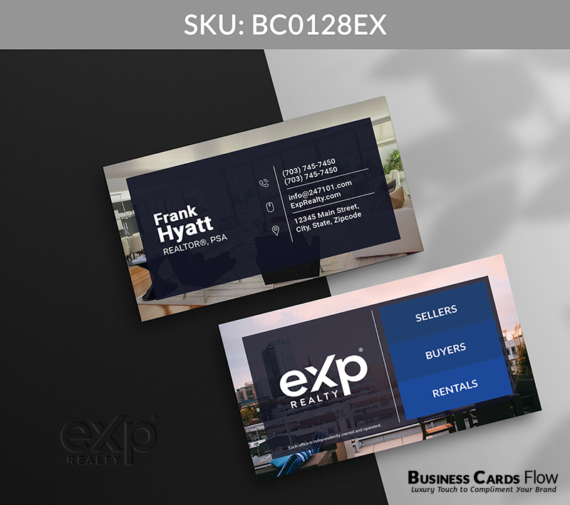 Business Cards Flow eXp Realty Business Cards BC0128EX Style 12 - Choose from premium paper stocks, shapes and sizes. Custom cards, made your way. Shop Now! Custom premium business cards ship free. eXp Realty Business Cards - BC0128EX Realtors Business Cards Flow for eXp Realty