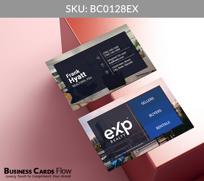 Business Cards Flow eXp Realty Business Cards BC0128EX Style 5 - Choose from premium paper stocks, shapes and sizes. Custom cards, made your way. Shop Now! Custom premium business cards ship free. eXp Realty Business Cards - BC0128EX Realtors Business Cards Flow for eXp Realty