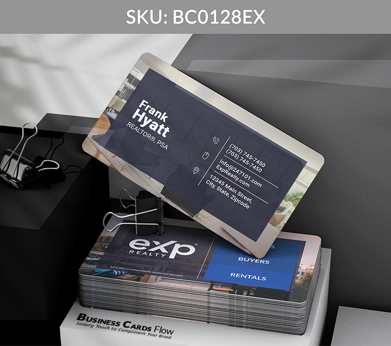 Business Cards Flow eXp Realty Business Cards BC0128EX Style 8 - Choose from premium paper stocks, shapes and sizes. Custom cards, made your way. Shop Now! Custom premium business cards ship free. eXp Realty Business Cards - BC0128EX Realtors Business Cards Flow for eXp Realty