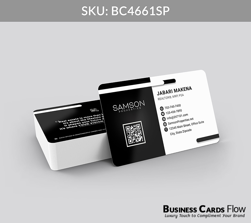 Business Cards Flow Samson Properties Business Cards BC4661SP Style 23 - Choose from premium paper stocks, shapes and sizes. Custom cards, made your way. Shop Now! Custom premium business cards ship free. samson properties business cards The front side of the card positions the Samson Properties logo and a QR Code on the left, while the right side showcases the agent’s name, title, and full contact information. The back side is dedicated to a long QR-linked quote or slogan, providing space to convey the agent’s professional philosophy or market expertise. BC4661SP - Style 23