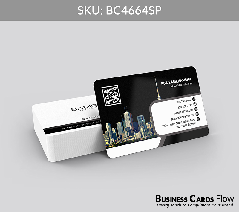 Business Cards Flow Samson Properties Business Cards BC4664SP Style 23 - Choose from premium paper stocks, shapes and sizes. Custom cards, made your way. Shop Now! Custom premium business cards ship free. samson properties business cards The front side of the card features a QR Code on the left, set against a subtle skyline of U.S. residential properties, while the right side presents the agent’s name, title, and contact information with clarity and elegance. The back side displays the Samson Properties logo and a website URL, offering clients immediate access to the agent’s online presence and reinforcing brand recognition. BC4664SP - Style 23