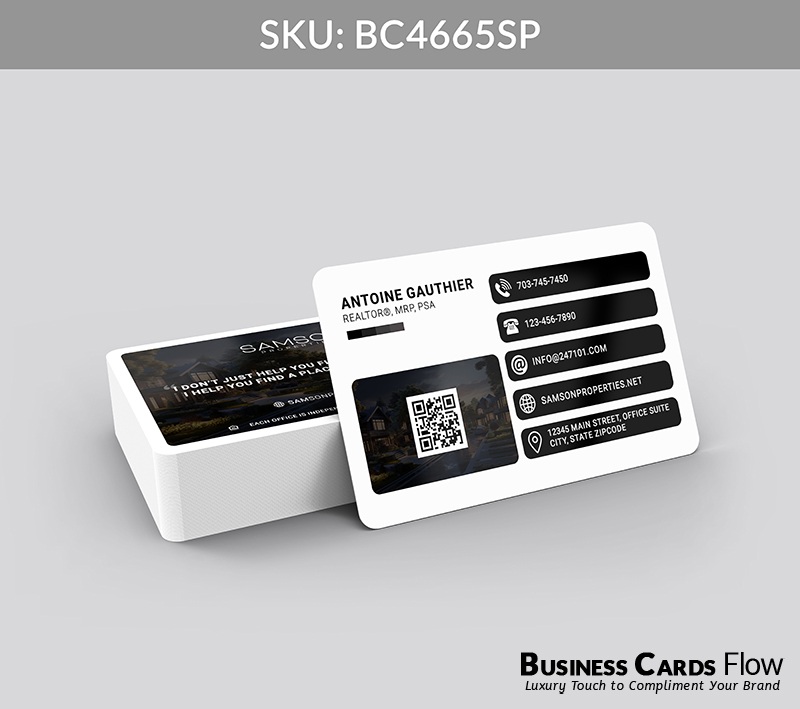 Business Cards Flow Samson Properties Business Cards BC4665SP Style 23 - Choose from premium paper stocks, shapes and sizes. Custom cards, made your way. Shop Now! Custom premium business cards ship free. samson properties business cards The front of the card elegantly displays the agent’s name and title alongside a QR Code on the left, while the right side organizes all essential contact information with clarity and sophistication. The back side features the Samson Properties logo and a thoughtfully chosen real estate quote, reinforcing brand prestige and client trust. BC4665SP - Style 23