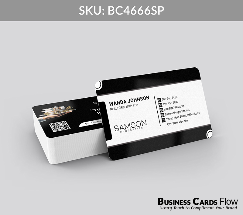 Business Cards Flow Samson Properties Business Cards BC4666SP Style 23 - Choose from premium paper stocks, shapes and sizes. Custom cards, made your way. Shop Now! Custom premium business cards ship free. samson properties business cards The front of the card presents a polished layout with the agent’s name, title, and the Samson Properties logo on the left, while the right side organizes essential contact details - phone, email, website, and brokerage address - with clarity and professionalism. On the back, a visually striking image occupies the left side alongside a QR Code, while the right side highlights the brokerage logo and an inspiring real estate quote, balancing visual impact with functional elegance. BC4666SP - Style 23