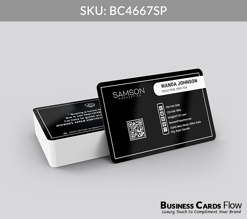 Business Cards Flow Samson Properties Business Cards BC4667SP Style 23 - Choose from premium paper stocks, shapes and sizes. Custom cards, made your way. Shop Now! Custom premium business cards ship free. samson properties business cards The front of the card elegantly positions the Samson Properties logo and a functional QR code on the left, while the right side presents the agent’s name, title, and full contact information with clarity and sophistication. On the back, a carefully selected real estate quote reinforces professional values and leaves a lasting impression of trust and expertise. BC4667SP - Style 23