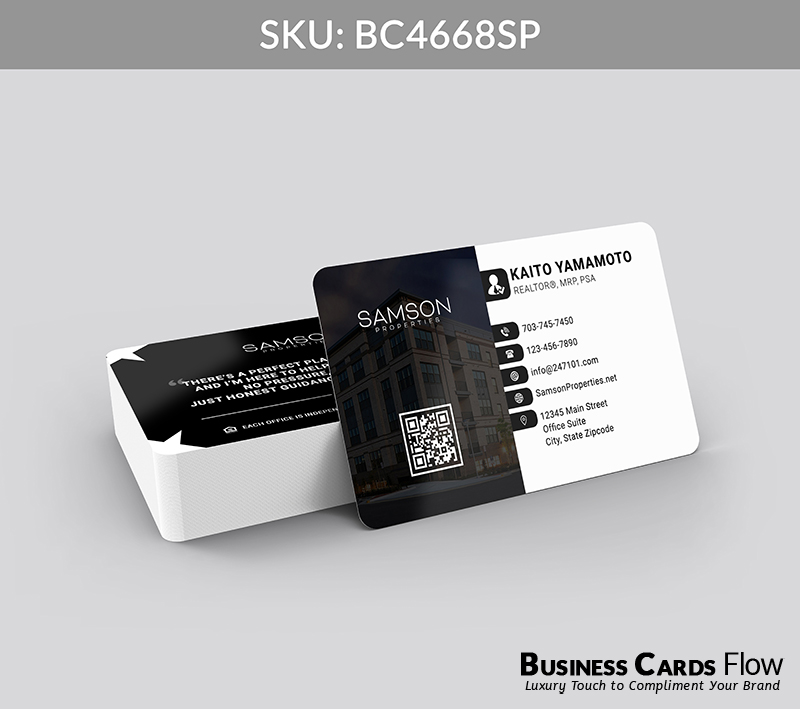 Business Cards Flow Samson Properties Business Cards BC4668SP Style 23 - Choose from premium paper stocks, shapes and sizes. Custom cards, made your way. Shop Now! Custom premium business cards ship free. samson properties business cards The front of this card presents the Samson Properties logo and a functional QR code on the left, while the right side showcases the agent’s complete contact information with clarity and elegance. The back features the brokerage logo alongside a real estate slogan or mission statement, reinforcing trust and professionalism at a glance. BC4668SP - Style 23