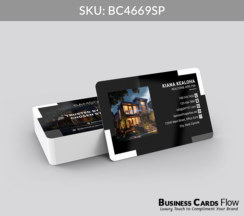 Business Cards Flow Samson Properties Business Cards BC4669SP Style 23 - Choose from premium paper stocks, shapes and sizes. Custom cards, made your way. Shop Now! Custom premium business cards ship free. samson properties business cards The front of this card features a striking property image on the left, while the right side displays the agent’s name, title, and complete contact information in a clean, professional layout. On the back, there’s space for the Samson Properties logo, a real estate quote, and a website URL, creating a polished and authoritative presentation. BC4669SP - Style 23