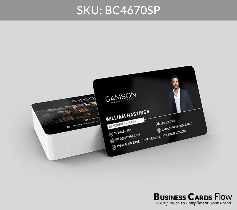 Business Cards Flow Samson Properties Business Cards BC4670SP Style 23 - Choose from premium paper stocks, shapes and sizes. Custom cards, made your way. Shop Now! Custom premium business cards ship free. samson properties business cards The front of this card displays the Samson Properties logo on the top left and the agent’s profile picture on the right, with the bottom dedicated to the agent’s name, contact information, and brokerage address. The back of the card is designed for a full-size property image alongside the Samson Properties logo, creating a visually immersive and professional presentation. BC4670SP - Style 23
