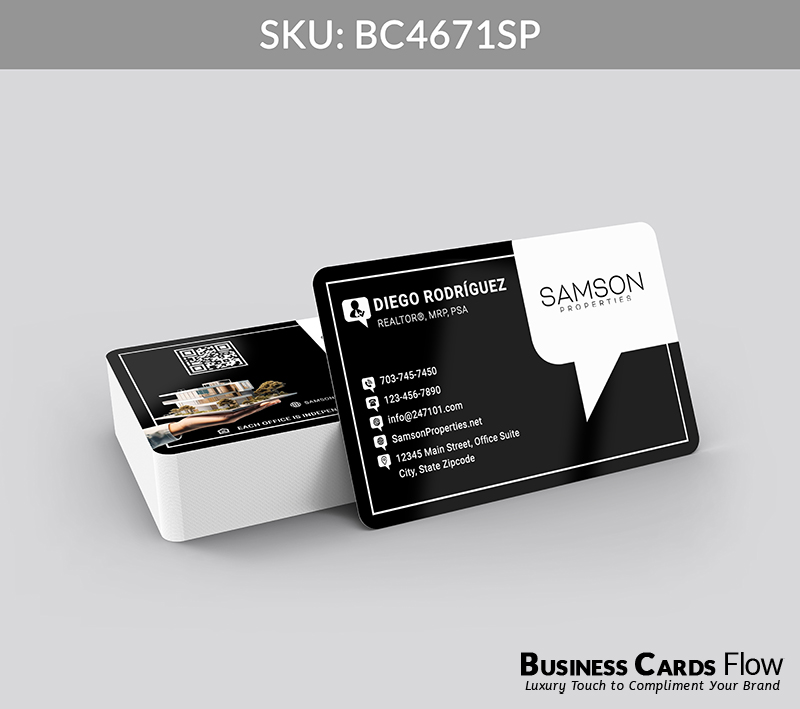 Business Cards Flow Samson Properties Business Cards BC4671SP Style 23 - Choose from premium paper stocks, shapes and sizes. Custom cards, made your way. Shop Now! Custom premium business cards ship free. samson properties business cards The front of this card features the agent’s name and contact information prominently, with the Samson Properties logo positioned at the top right for instant brand recognition. The back includes a QR Code alongside a real estate-themed graphic and a QR quote, combining visual appeal with interactive functionality. BC4671SP - Style 23