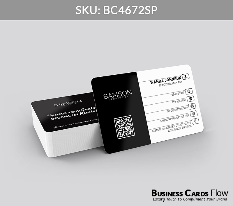 Business Cards Flow Samson Properties Business Cards BC4672SP Style 23 - Choose from premium paper stocks, shapes and sizes. Custom cards, made your way. Shop Now! Custom premium business cards ship free. samson properties business cards The front of this card presents the Samson Properties logo and a QR Code on the left, while the right side is dedicated entirely to the agent’s contact information for clear, immediate accessibility. On the back, the design features the brokerage logo, a compelling real estate slogan, and the agent’s profile picture, balancing personal connection with brand authority. BC4672SP - Style 23