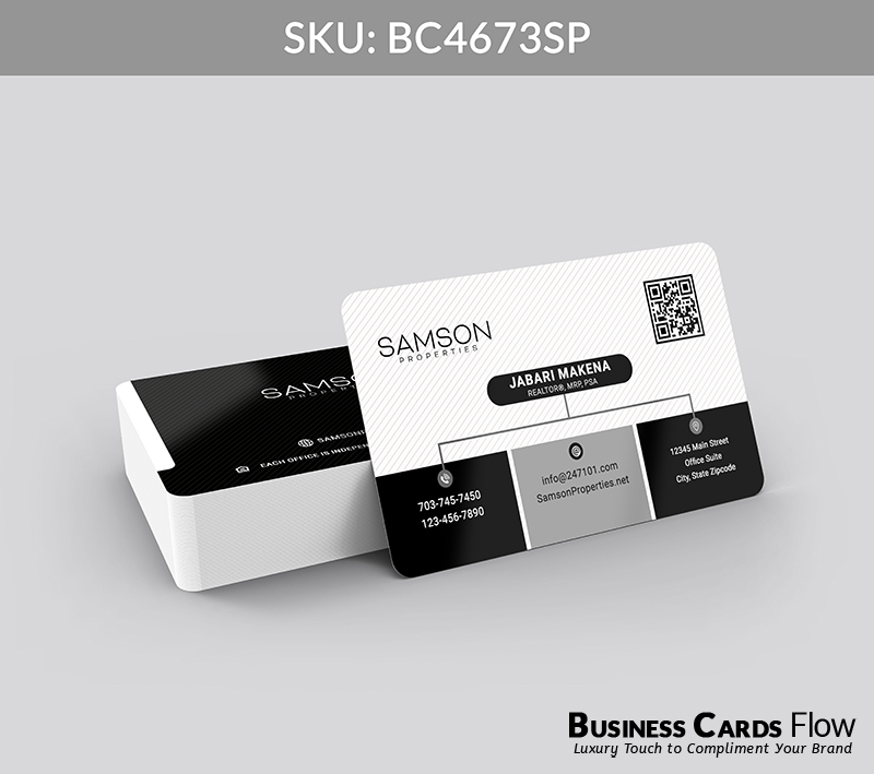 Business Cards Flow Samson Properties Business Cards BC4673SP Style 23 - Choose from premium paper stocks, shapes and sizes. Custom cards, made your way. Shop Now! Custom premium business cards ship free. samson properties business cards The front of this card features the Samson Properties logo on the top left and a QR Code on the top right, while the bottom section is dedicated to the agent’s name, contact information, and other essential details. The back showcases the brokerage logo alongside a website URL, combining brand authority with seamless client access to digital resources. BC4673SP - Style 23