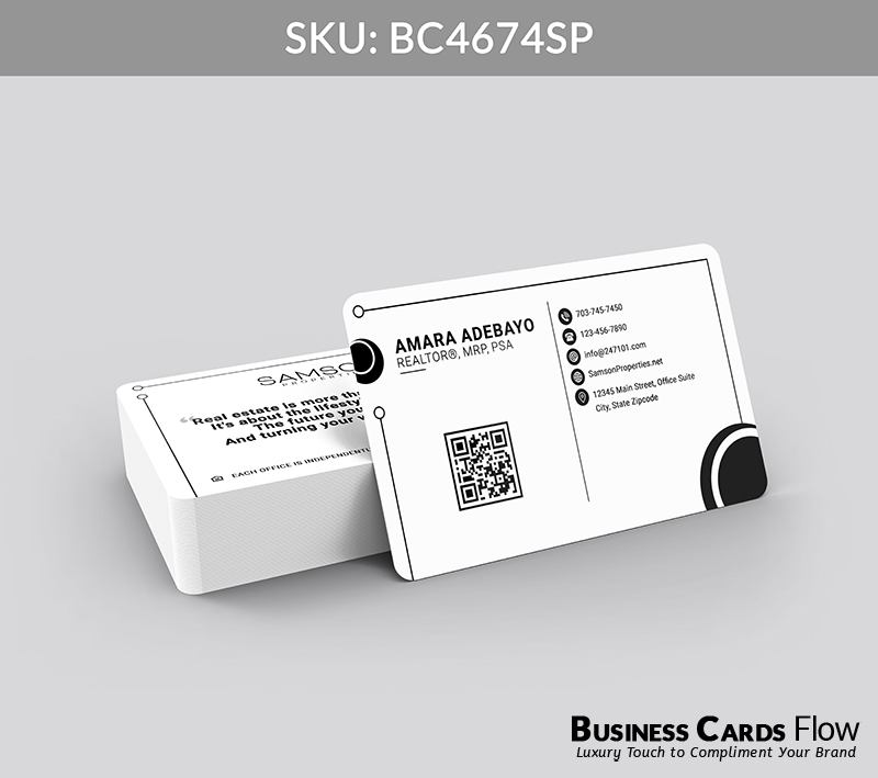 Business Cards Flow Samson Properties Business Cards BC4674SP Style 23 - Choose from premium paper stocks, shapes and sizes. Custom cards, made your way. Shop Now! Custom premium business cards ship free. samson properties business cards The front of this card displays the agent’s name, title, and a QR Code on the left side, while the right side is dedicated to a clean, organized section for contact information. On the back, the Samson Properties logo is prominently featured, accompanied by a generous space for a real estate mission statement that conveys your professional philosophy. BC4674SP - Style 23