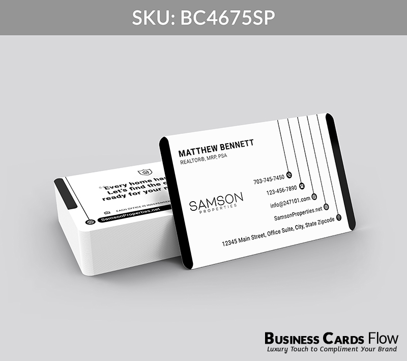 Business Cards Flow Samson Properties Business Cards BC4675SP Style 23 - Choose from premium paper stocks, shapes and sizes. Custom cards, made your way. Shop Now! Custom premium business cards ship free. samson properties business cards The front of this card features the agent’s name, title, and Samson Properties logo on the left side, while the right side is dedicated to contact information framed by refined vertical and graphical lines in the background. On the back, a bold, expansive section showcases a real estate quote accompanied by a QR Code for instant access to listings or digital profiles. BC4675SP - Style 23