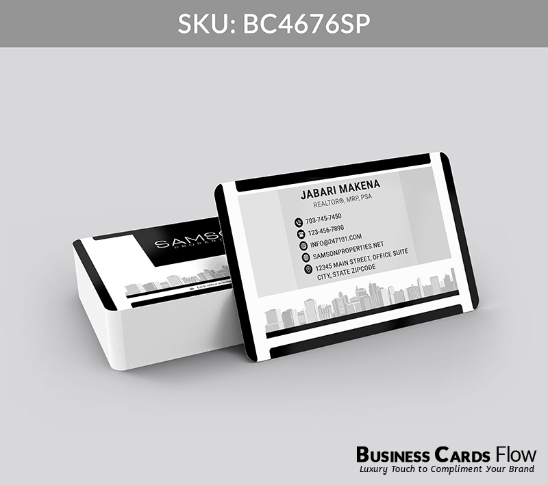 Business Cards Flow Samson Properties Business Cards BC4676SP Style 23 - Choose from premium paper stocks, shapes and sizes. Custom cards, made your way. Shop Now! Custom premium business cards ship free. samson properties business cards The front of the card showcases the agent’s name, title, and contact information in a clean, professional layout. On the back, there is a distinguished space for the Samson Properties logo, accompanied by a subtle light-gray graphical skyline reminiscent of New York or a prominent U.S. harbor city. BC4676SP - Style 23