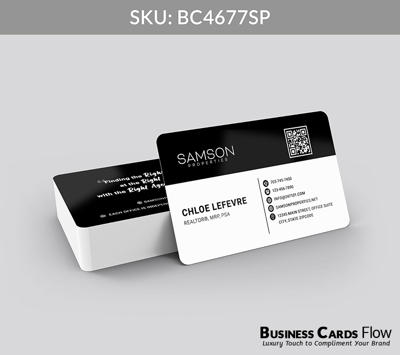 Business Cards Flow Samson Properties Business Cards BC4677SP Style 23 - Choose from premium paper stocks, shapes and sizes. Custom cards, made your way. Shop Now! Custom premium business cards ship free. samson properties business cards The front of the card features the Samson Properties logo alongside a QR code, with the agent’s name, title, and contact information elegantly displayed at the bottom. The back of the card is dedicated to a real estate quote, providing space for inspiration and connection with clients. BC4677SP - Style 23