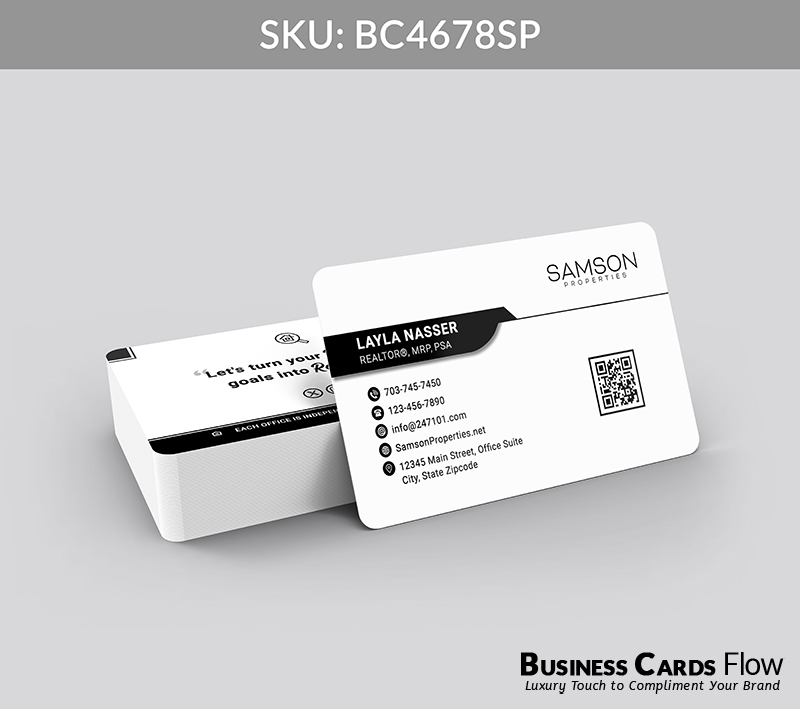 Business Cards Flow Samson Properties Business Cards BC4678SP Style 23 - Choose from premium paper stocks, shapes and sizes. Custom cards, made your way. Shop Now! Custom premium business cards ship free. samson properties business cards The front of the card features the Samson Properties logo alongside the agent’s name, title, contact information, and a QR code for seamless client connection. The back displays a real estate slogan with accompanying social media icons, providing a modern and approachable touchpoint for clients. BC4678SP - Style 23