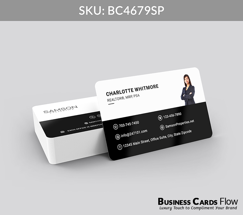 Business Cards Flow Samson Properties Business Cards BC4679SP Style 23 - Choose from premium paper stocks, shapes and sizes. Custom cards, made your way. Shop Now! Custom premium business cards ship free. samson properties business cards The front of the card showcases the agent’s name, title, and profile picture, with contact information elegantly positioned at the bottom. On the back, there is space for the Samson Properties logo, a QR code, social media icons, and the website URL, creating a seamless bridge between physical and digital client engagement. BC4679SP - Style 23