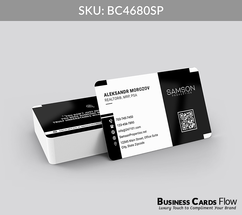 Business Cards Flow Samson Properties Business Cards BC4680SP Style 23 - Choose from premium paper stocks, shapes and sizes. Custom cards, made your way. Shop Now! Custom premium business cards ship free. samson properties business cards The front of the card presents the agent’s name, title, and contact information on the left, with a dedicated space for the Samson Properties logo and a QR code on the right. The back of the card features a distinguished real estate slogan, creating a professional and memorable impression. BC4680SP - Style 23