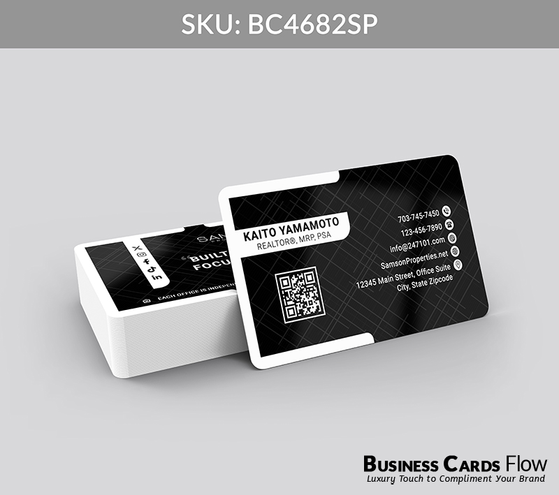 Business Cards Flow Samson Properties Business Cards BC4682SP Style 23 - Choose from premium paper stocks, shapes and sizes. Custom cards, made your way. Shop Now! Custom premium business cards ship free. samson properties business cards The front of the card features a clean, professional layout highlighting the agent’s name, title, and contact information for immediate recognition. The back showcases a dedicated section for social media icons, the Samson Properties logo, and an inspiring real estate slogan, all arranged for visual clarity and brand impact. BC4682SP - Style 23