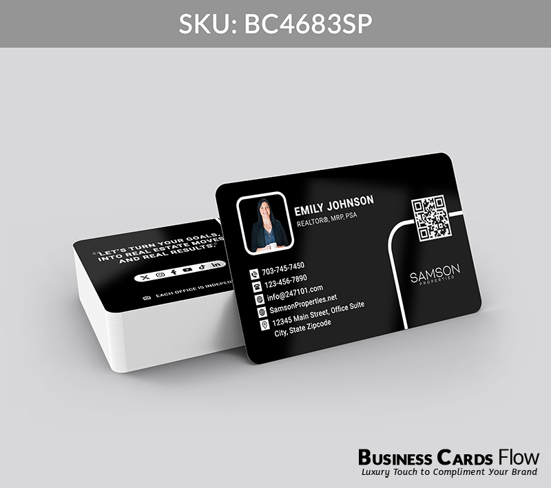 Business Cards Flow Samson Properties Business Cards BC4683SP Style 23 - Choose from premium paper stocks, shapes and sizes. Custom cards, made your way. Shop Now! Custom premium business cards ship free. samson properties business cards The front of the card elegantly balances the agent’s photo, name, title, and contact information on the left, while the right side features a QR Code and the Samson Properties logo for instant brand recognition. The back showcases a striking property graphic on the right, complemented by a real estate quote and social media icons on the left, creating a professional and engaging presentation. BC4683SP - Style 23