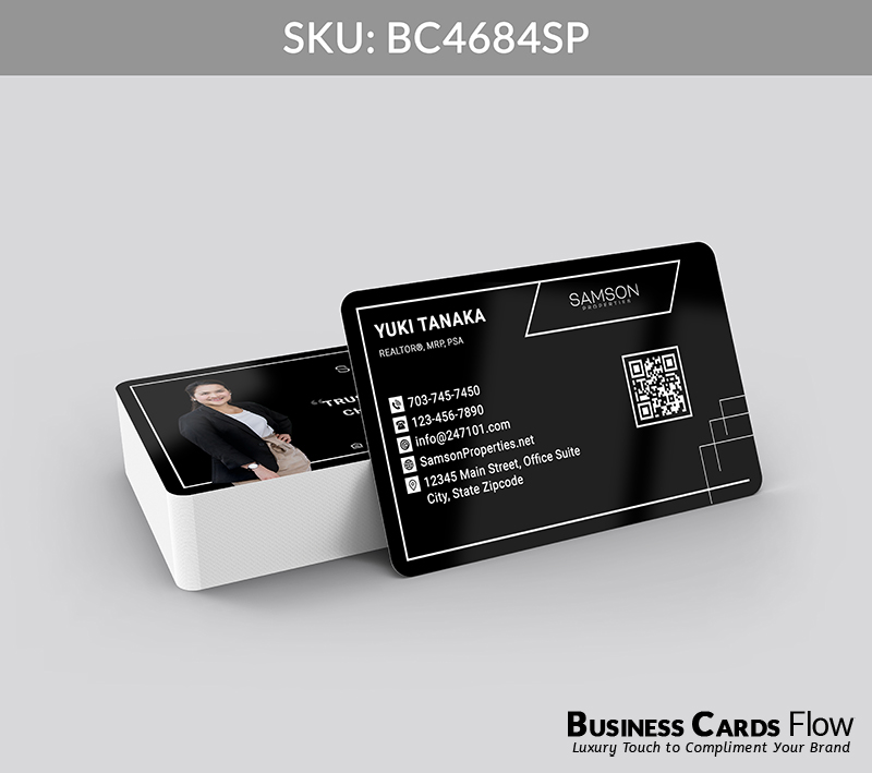 Business Cards Flow Samson Properties Business Cards BC4684SP Style 23 - Choose from premium paper stocks, shapes and sizes. Custom cards, made your way. Shop Now! Custom premium business cards ship free. samson properties business cards The front of the card presents the agent’s name, title, and contact information on the left, while the right side prominently features the Samson Properties logo and a QR Code for instant digital connection. The back of the card balances the agent’s profile picture with the brokerage logo and a real estate slogan, creating a professional and visually engaging design that conveys trust and authority. BC4684SP - Style 23