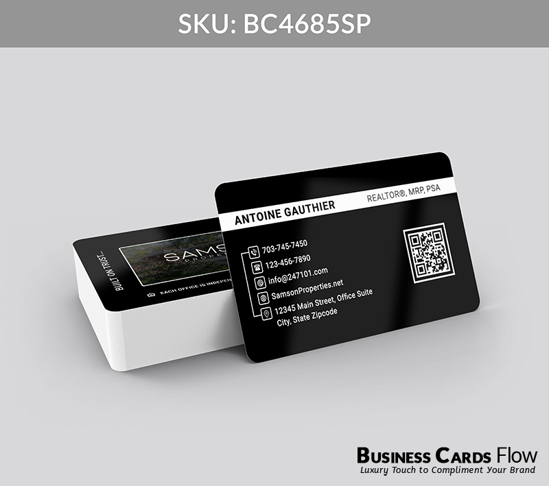 Business Cards Flow Samson Properties Business Cards BC4685SP Style 23 - Choose from premium paper stocks, shapes and sizes. Custom cards, made your way. Shop Now! Custom premium business cards ship free. samson properties business cards The front of the card elegantly presents the agent’s name, title, and contact information, complemented by a QR Code for seamless digital access. The back features a thoughtfully designed space for a real estate quote alongside a prominently displayed Samson Properties logo, creating a balanced layout that conveys professionalism and trust. BC4685SP - Style 23