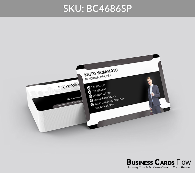Business Cards Flow Samson Properties Business Cards BC4686SP Style 23 - Choose from premium paper stocks, shapes and sizes. Custom cards, made your way. Shop Now! Custom premium business cards ship free. samson properties business cards On the front side of the card, there’s the agent’s name, title, contact information, and an agent’s profile picture, presented with clean precision for immediate recognition. On the back side of the card, there’s the brokerage logo, QR code, and a website URL, arranged to create a seamless flow that aligns with Samson Properties’ Black and White brand identity. BC4686SP - Style 23