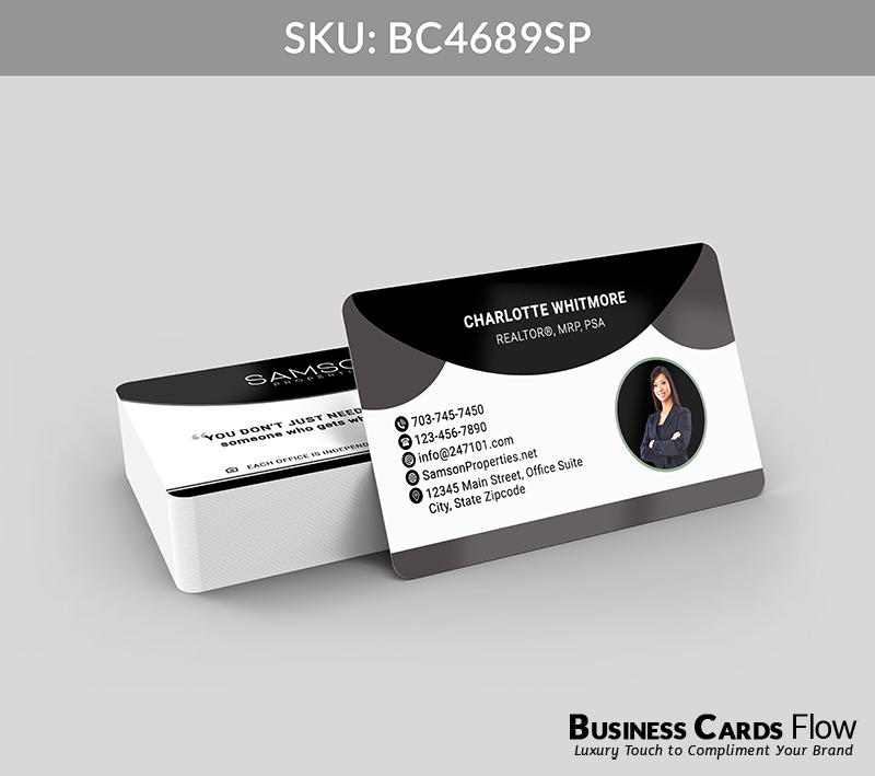 Business Cards Flow Samson Properties Business Cards BC4689SP Style 23 - Choose from premium paper stocks, shapes and sizes. Custom cards, made your way. Shop Now! Custom premium business cards ship free. samson properties business cards On the front side of the card, there’s the agent’s name and title, with contact information positioned on the left side and the agent’s profile picture placed on the right side for a balanced, modern layout. On the back side of the card, there’s the agent’s brokerage logo and space for a real estate quote, allowing for a personalized, brand-aligned message. BC4689SP - Style 23