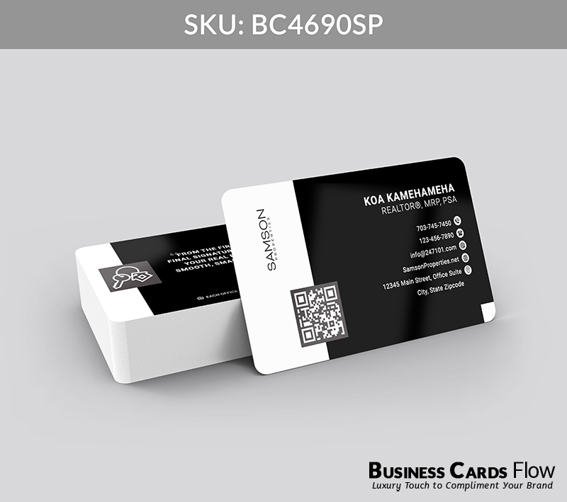 Business Cards Flow Samson Properties Business Cards BC4690SP Style 23 - Choose from premium paper stocks, shapes and sizes. Custom cards, made your way. Shop Now! Custom premium business cards ship free. samson properties business cards On the front side of the card, there’s the brokerage logo and a QR code, while on the right side, the agent’s name, title, and contact information are clearly arranged for a refined, balanced layout. This structure ensures every essential detail remains visible and professional, supporting a clean, modern presentation aligned with Samson Properties’ Black and White brand identity. BC4690SP - Style 23