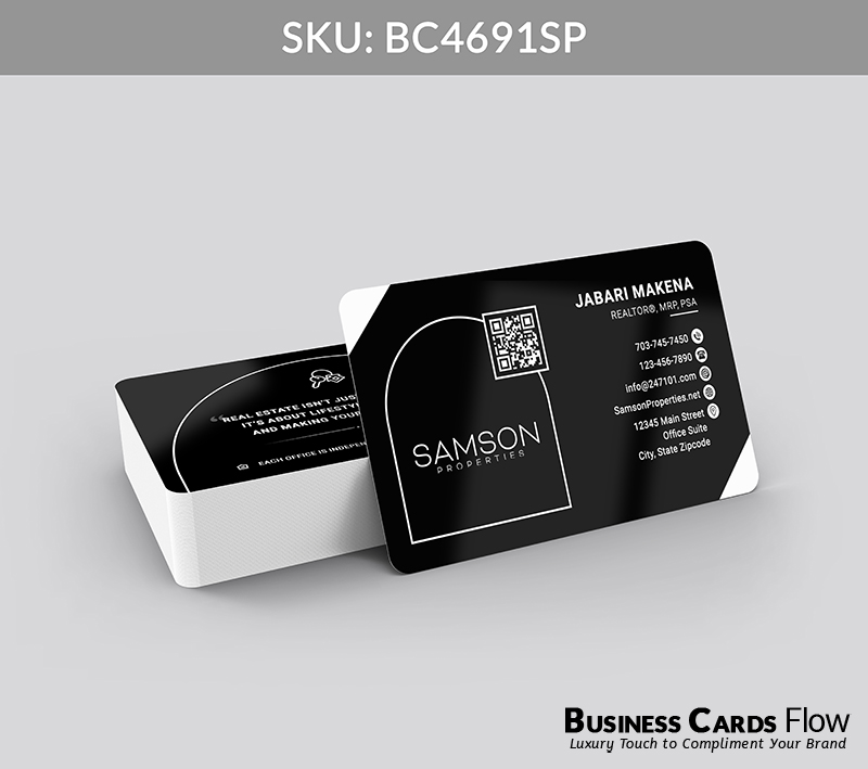 Business Cards Flow Samson Properties Business Cards BC4691SP Style 23 - Choose from premium paper stocks, shapes and sizes. Custom cards, made your way. Shop Now! Custom premium business cards ship free. samson properties business cards On the front side of the card, the left side features the brokerage logo and a QR code, while the right side displays the agent’s name, title, and contact information. The design includes an appealing graphical element that resembles a home window, and on the back side of the card, there is a real estate slogan. BC4691SP - Style 23