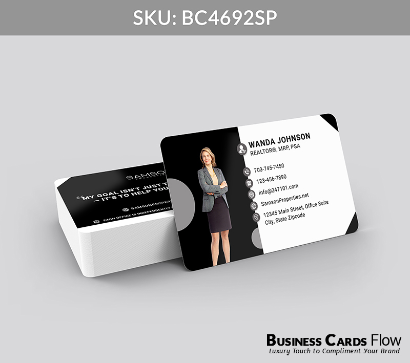 Business Cards Flow Samson Properties Business Cards BC4692SP Style 23 - Choose from premium paper stocks, shapes and sizes. Custom cards, made your way. Shop Now! Custom premium business cards ship free. samson properties business cards On the front side of the card, the agent’s profile picture is placed to the left, and on the right side, there is a dedicated section for the agent’s name and full contact information. On the back side, the Samson Properties brokerage logo, a thoughtfully selected real estate quote, and a QR code are arranged with clean sophistication. BC4692SP - Style 23