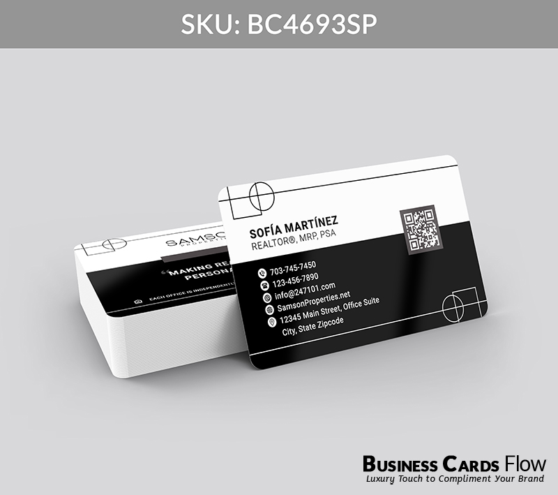 Business Cards Flow Samson Properties Business Cards BC4693SP Style 23 - Choose from premium paper stocks, shapes and sizes. Custom cards, made your way. Shop Now! Custom premium business cards ship free. samson properties business cards On the front side of the card, the left side features a section dedicated to the agent’s name, title, and full contact information, while the right side displays a cleanly presented QR code. On the back side of the card, the Samson Properties brokerage logo is paired with a real estate slogan to reinforce brand identity. BC4693SP - Style 23