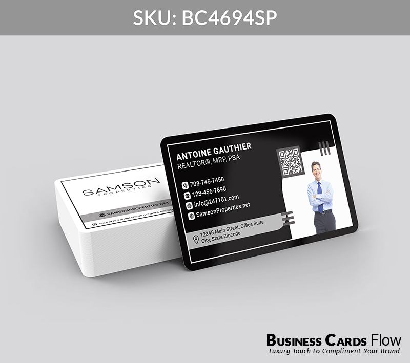 Business Cards Flow Samson Properties Business Cards BC4694SP Style 23 - Choose from premium paper stocks, shapes and sizes. Custom cards, made your way. Shop Now! Custom premium business cards ship free. samson properties business cards On the front side of the card, the left section features the agent’s name along with the agent’s contact information, while the right side presents a QR code paired with the agent’s profile picture. On the back side, the Samson Properties brokerage logo, the website URL, and a placeholder for a real estate picture are displayed, complemented by visually appealing graphic elements throughout the design. BC4694SP - Style 23