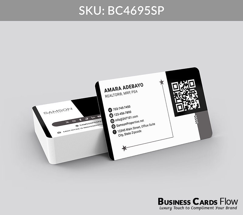 Business Cards Flow Samson Properties Business Cards BC4695SP Style 23 - Choose from premium paper stocks, shapes and sizes. Custom cards, made your way. Shop Now! Custom premium business cards ship free. samson properties business cards On the front side of the card, the left section displays the agent’s name, title, and contact information, while the right side features a QR code. On the back side, there is a dedicated section for the Samson Properties brokerage logo, social media icons, and a clean, visually appealing layout that includes a real estate picture on the right side. BC4695SP - Style 23