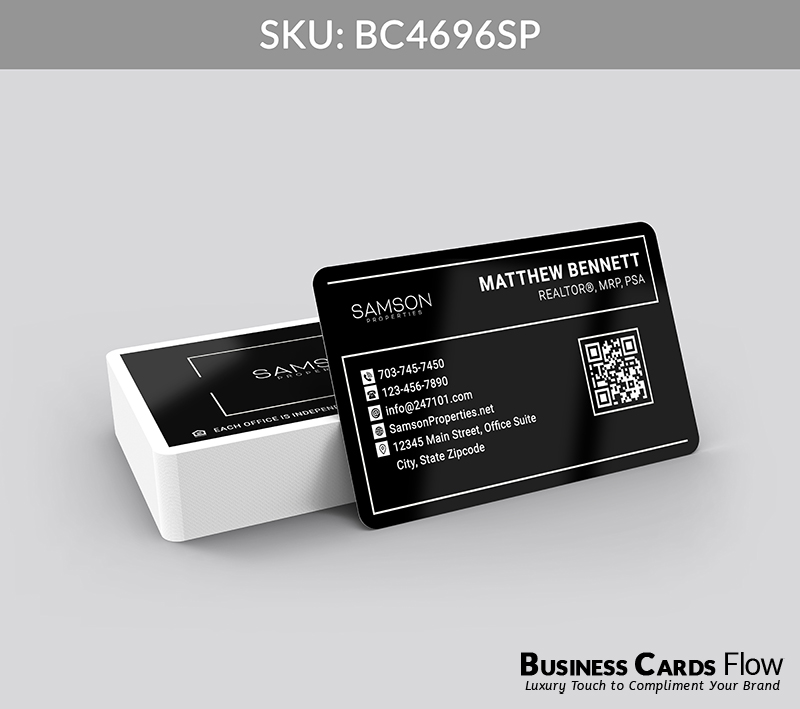 Business Cards Flow Samson Properties Business Cards BC4696SP Style 23 - Choose from premium paper stocks, shapes and sizes. Custom cards, made your way. Shop Now! Custom premium business cards ship free. samson properties business cards On the front side of the card, the top left features the Samson Properties brokerage name and contact information, while the right side presents the agent’s name, title, and a QR Code for instant connection. On the back side, the Samson Properties logo is displayed front and center, creating a clean, authoritative presentation. BC4696SP - Style 23