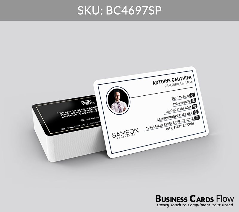 Business Cards Flow Samson Properties Business Cards BC4697SP Style 23 - Choose from premium paper stocks, shapes and sizes. Custom cards, made your way. Shop Now! Custom premium business cards ship free. samson properties business cards On the front side of the card, the left side features the agent’s profile picture alongside the Samson Properties brokerage logo, while the right side presents the agent’s name, title, and contact information in a polished, visually engaging layout. The back side showcases a real estate quote with the website URL, creating a seamless, professional impression for clients. BC4697SP - Style 23