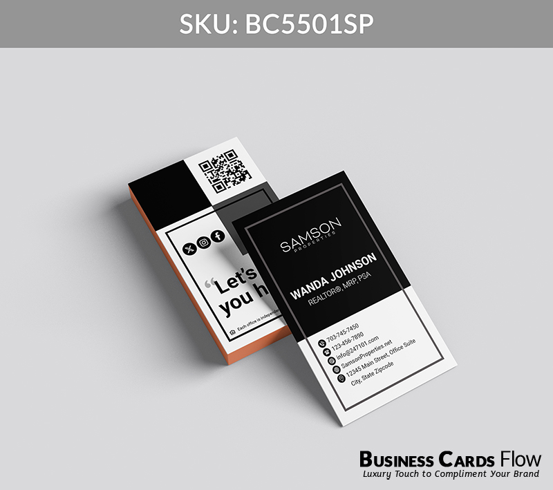 Business Cards Flow Samson Properties Business Cards BC5501SP Style 27 - Choose from premium paper stocks, shapes and sizes. Custom cards, made your way. Shop Now! Custom premium business cards ship free. samson properties business cards The front side of this vertical card elegantly displays the Samson Properties brokerage logo at the top left, followed by the agent’s full name, title, and contact information, arranged for maximum clarity and professional impact. On the back, the top right includes a QR Code, three social media icons, and a compelling real estate quote, all set within a visually engaging, vertically oriented layout that balances modern design with a polished, professional presentation. BC5501SP - Style 27