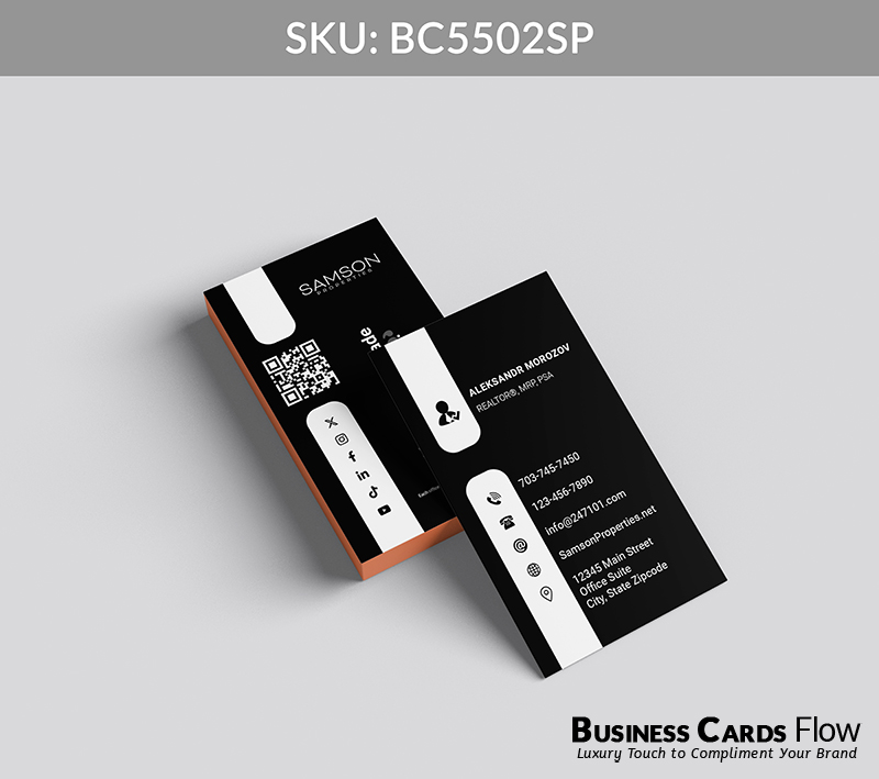Business Cards Flow Samson Properties Business Cards BC5502SP Style 27 - Choose from premium paper stocks, shapes and sizes. Custom cards, made your way. Shop Now! Custom premium business cards ship free. samson properties business cards This vertical card presents the agent’s name, title, and contact information prominently on the front, arranged for immediate recognition and clarity. The back features the Samson Properties logo, a QR Code, social media icons, and a compelling real estate slogan, all set within a visually striking layout that uses contrasting Black-and-White tones to maximize impact and brand recognition. BC5502SP - Style 27
