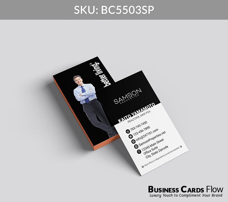Business Cards Flow Samson Properties Business Cards BC5503SP Style 27 - Choose from premium paper stocks, shapes and sizes. Custom cards, made your way. Shop Now! Custom premium business cards ship free. samson properties business cards This vertical, modern card features the Samson Properties logo at the top, followed by the agent’s full name, title, and detailed contact information, including phone number, email, website, and brokerage address. On the back, a sleek silhouette of the agent’s profile pairs with an inspiring real estate saying, creating a professional and visually engaging statement that reinforces personal branding and client connection. BC5503SP - Style 27