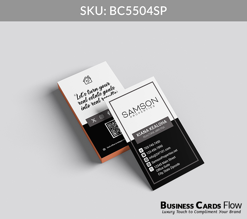 Business Cards Flow Samson Properties Business Cards BC5504SP Style 27 - Choose from premium paper stocks, shapes and sizes. Custom cards, made your way. Shop Now! Custom premium business cards ship free. samson properties business cards This vertical, modern card showcases the Samson Properties logo prominently at the top, followed by the agent’s name and title elegantly presented within a ribbon design, with contact information clearly displayed beneath. On the back, the agent’s personal slogan is paired with social media icons and a QR Code, creating an interactive, professional, and visually engaging layout that reinforces personal branding and client connection. BC5504SP - Style 27