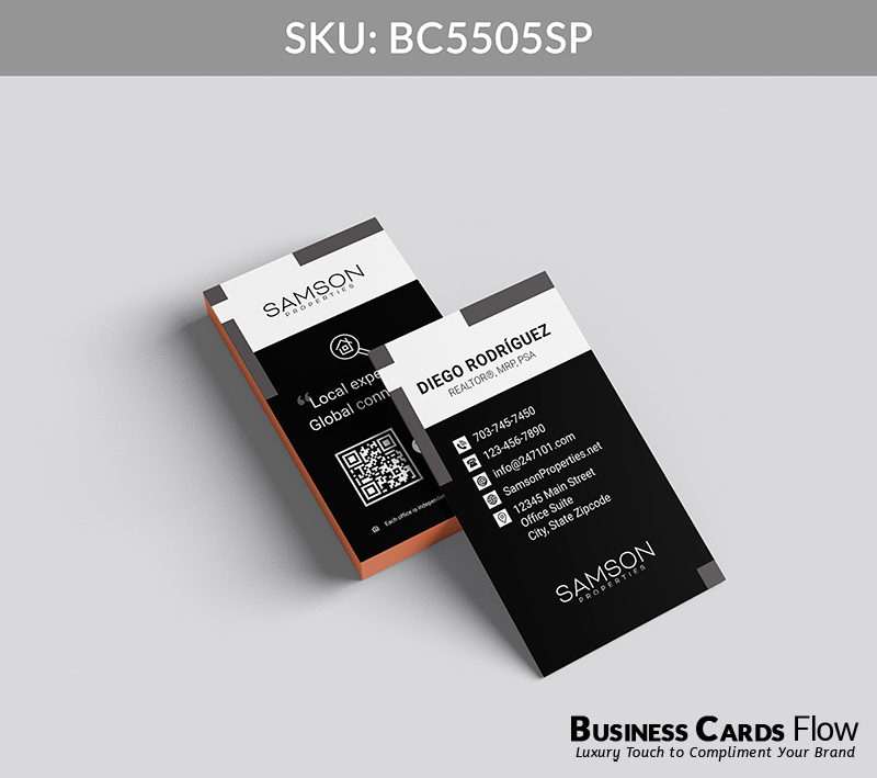 Business Cards Flow Samson Properties Business Cards BC5505SP Style 27 - Choose from premium paper stocks, shapes and sizes. Custom cards, made your way. Shop Now! Custom premium business cards ship free. samson properties business cards This vertical, modern card features the agent’s name and title prominently on the front, alongside clear contact information and the Samson Properties logo for instant brand recognition. On the back, the brokerage logo is paired with the agent’s slogan, a QR Code, and social media icons, creating a visually engaging and professional design that encourages client interaction and reinforces brand authority. BC5505SP - Style 27