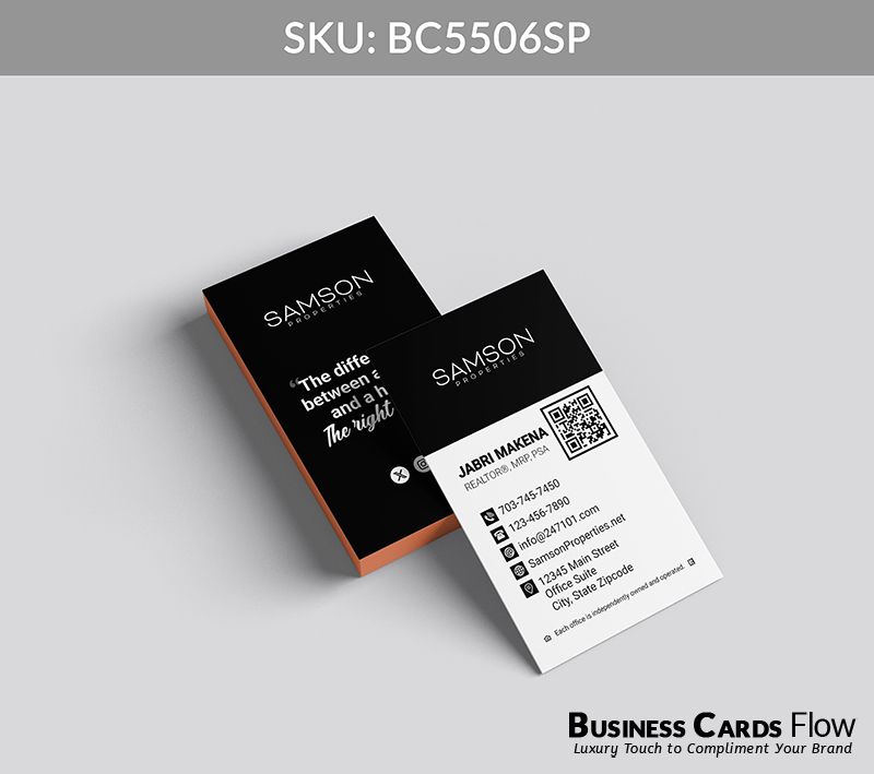 Business Cards Flow Samson Properties Business Cards BC5506SP Style 27 - Choose from premium paper stocks, shapes and sizes. Custom cards, made your way. Shop Now! Custom premium business cards ship free. samson properties business cards This vertical, modern card showcases the Samson Properties logo at the top, followed by the agent’s name and title, a QR Code, and full contact information on the front. The back features the brokerage logo, a compelling slogan, and three social media icons, creating a professional, engaging, and digitally connected design that highlights the agent’s brand presence. BC5506SP - Style 27
