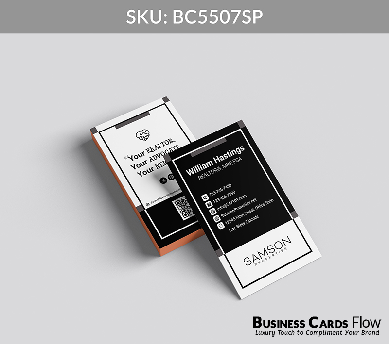 Business Cards Flow Samson Properties Business Cards BC5507SP Style 27 - Choose from premium paper stocks, shapes and sizes. Custom cards, made your way. Shop Now! Custom premium business cards ship free. samson properties business cards This vertical, modern business card presents the agent’s name, title, and full contact information on the front, paired with the Samson Properties logo for instant brand recognition. The back features the agent’s slogan, social media icons, and a QR Code, creating a connected, professional design that balances elegance with functionality. BC5507SP - Style 27