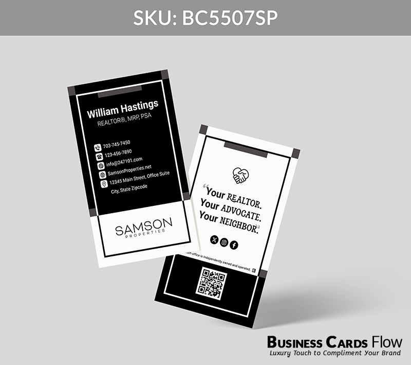 This vertical, modern business card presents the agent’s name, title, and full contact information on the front, paired with the Samson Properties logo for instant brand recognition. The back features the agent’s slogan, social media icons, and a QR Code, creating a connected, professional design that balances elegance with functionality. BC5507SP - Style 30