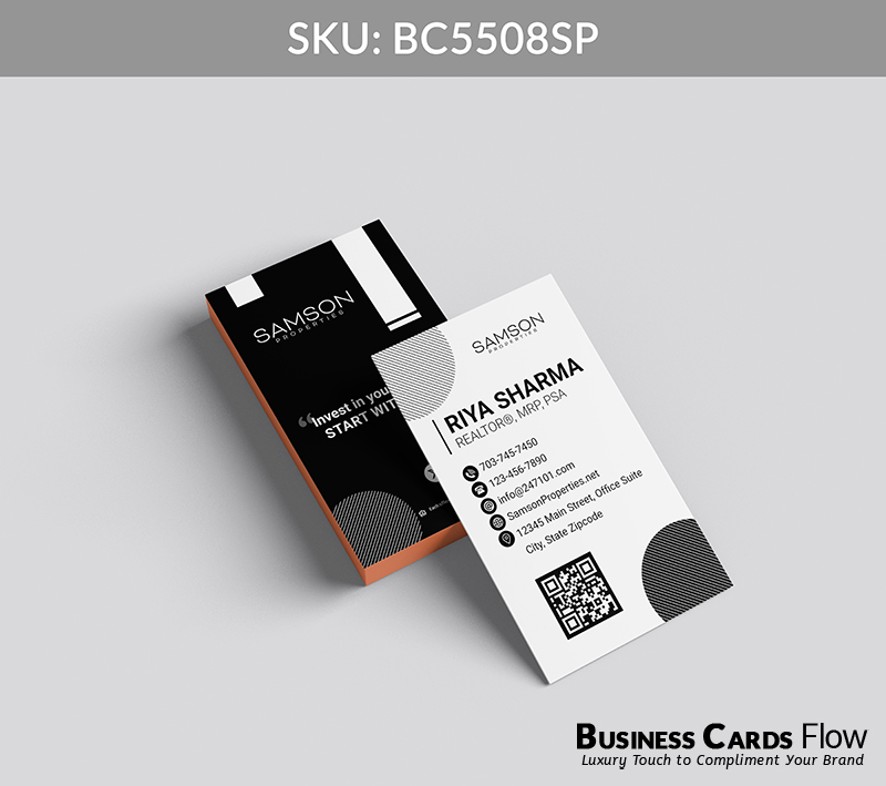 Business Cards Flow Samson Properties Business Cards BC5508SP Style 27 - Choose from premium paper stocks, shapes and sizes. Custom cards, made your way. Shop Now! Custom premium business cards ship free. samson properties business cards This vertical, modern business card features the Samson Properties logo, agent’s name, title, contact information, and a QR Code on the front, creating a clean and professional introduction. The back highlights the brokerage logo, a compelling slogan, and three social media icons, all arranged within a sophisticated graphical layout that emphasizes connectivity and visual appeal. BC5508SP - Style 27