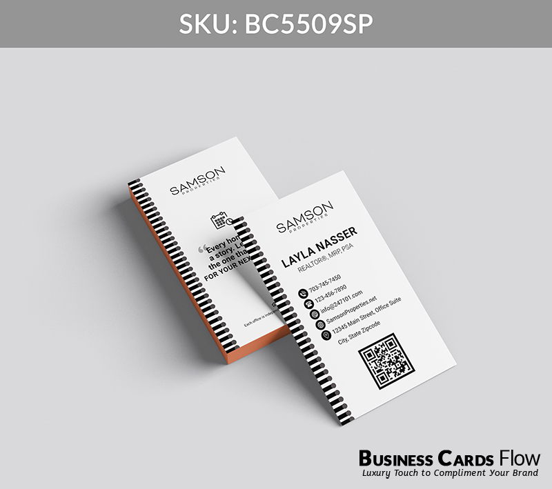 Business Cards Flow Samson Properties Business Cards BC5509SP Style 27 - Choose from premium paper stocks, shapes and sizes. Custom cards, made your way. Shop Now! Custom premium business cards ship free. samson properties business cards This vertical, modern business card features the agent’s name, title, contact information, and a QR Code on the front, accented by a stylish spiral notebook-inspired design along the left edge. The back presents the Samson Properties logo and a compelling slogan, creating a polished and memorable visual identity. BC5509SP - Style 27