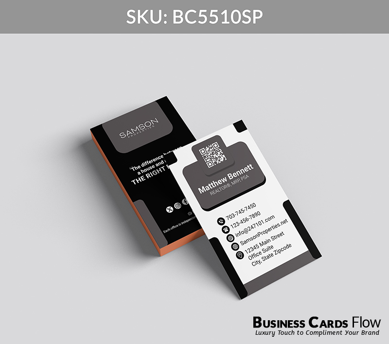 Business Cards Flow Samson Properties Business Cards BC5510SP Style 27 - Choose from premium paper stocks, shapes and sizes. Custom cards, made your way. Shop Now! Custom premium business cards ship free. samson properties business cards This vertical, modern business card features a QR Code on the front, followed by the agent’s name, title, and contact information, creating a sleek, tech-forward introduction. The back displays the Samson Properties logo, a compelling slogan, and social media icons, presenting a complete professional identity in one elegant design. BC5510SP - Style 27