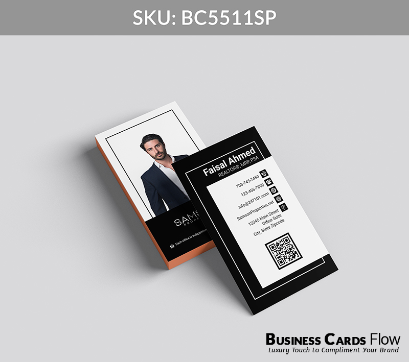 Business Cards Flow Samson Properties Business Cards BC5511SP Style 27 - Choose from premium paper stocks, shapes and sizes. Custom cards, made your way. Shop Now! Custom premium business cards ship free. samson properties business cards This vertical, modern business card presents the agent’s name, title, and contact information on the front, with a conveniently placed QR Code for immediate access. The back features a professional silhouette of the agent alongside the Samson Properties logo, combining personal identity with trusted brand recognition. BC5511SP - Style 27